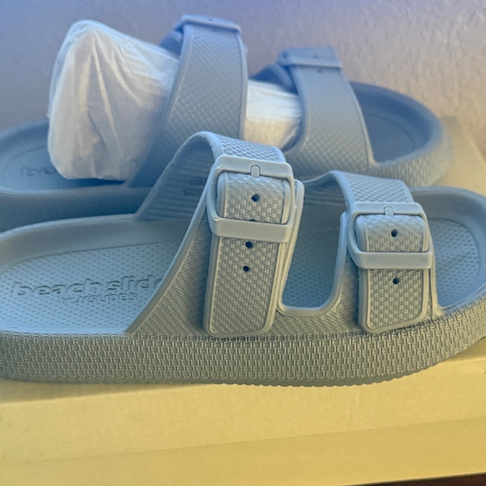 J Slides Women's Double-Buckle Beach Slide Sandals in Light Blue - Picture 3 of 5